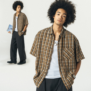 情侣装 714street潮牌格纹短袖 新款 男2024夏季 日系复古翻领T恤 衬衫