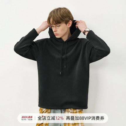 714street日系简约加绒连帽卫衣男2025秋冬情侣宽松落肩袖帽衫女
