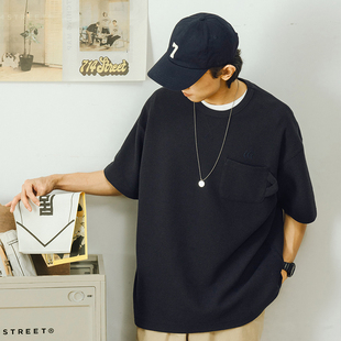 日系复古上衣刺绣体恤 情侣装 714street华夫格短袖 t恤男2023夏季