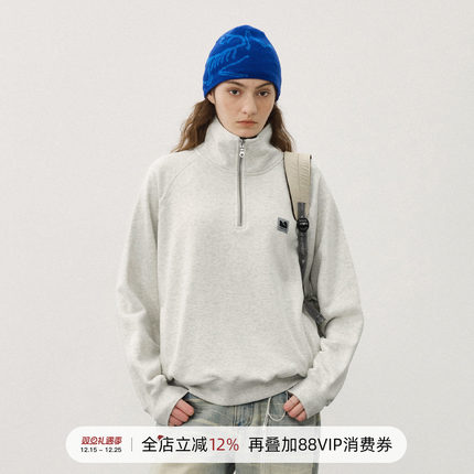 714street美式宽松落肩半拉链卫衣男2025秋冬复古抓绒情侣款上衣