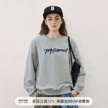 714street LOGO刺绣圆领加绒卫衣男2025秋冬宽松落肩袖长袖T恤女