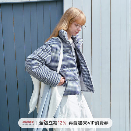 714street文艺格子羽绒服女款2025冬季宽松90白鸭绒短阔厚款外套