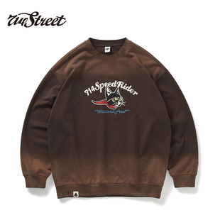 水洗质感情侣装 新款 复古猫头卡通印花圆领卫衣秋季 714street美式