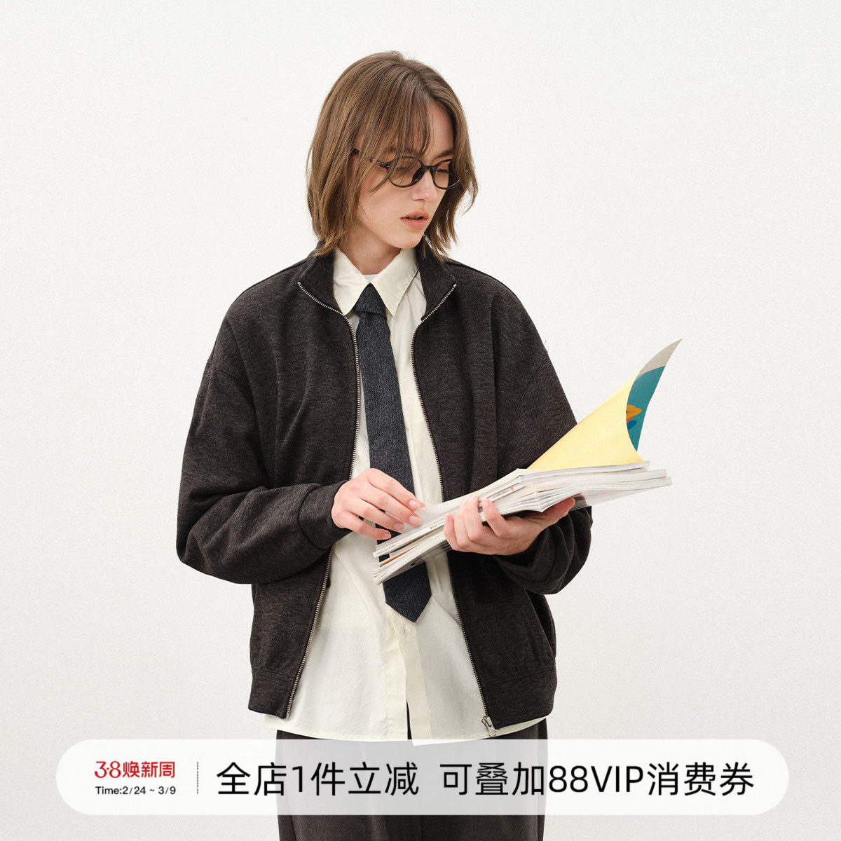 714street仿羊绒毛呢立领夹克男2025秋冬卫衣外套老钱风穿搭上衣