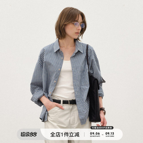 714street复古蓝白格纹衬衫