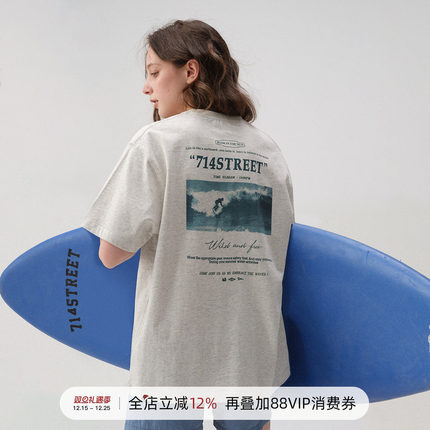 714street夏季美式冲浪水印印花短袖T恤2025新款重磅全棉国潮上衣