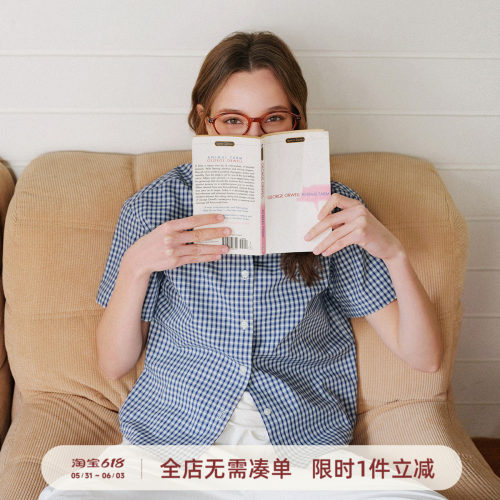 714street复古蓝白格纹短袖衬衫