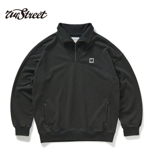714street秋季 水洗半拉链卫衣男女罗纹高领上衣宽松翻领外套 新款