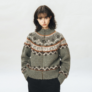 日系潮牌开衫 撞色提花针织衫 外套 毛衣男情侣拉链衫 714street冬季