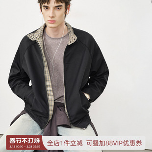 714street美式复古哈灵顿夹克2025秋冬千鸟格纹拼接加绒厚外套男