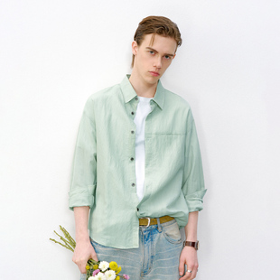 新款 男2026春季 简约宽松纯色尖领衬衣 衬衫 714street肌理天丝长袖