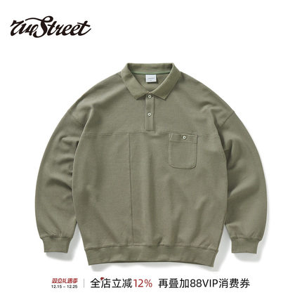 714street菠萝纹华夫格拼接宽松polo衫男2024秋季新款翻领长袖T恤