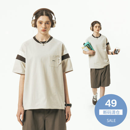 714street潮牌口袋短袖T恤男女2024夏季新款打底衫复古撞色情侣装