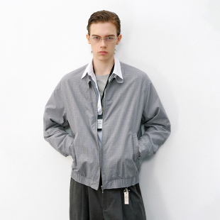 714street美式 休闲老钱风翻领外套 复古格纹哈灵顿夹克男2026春季