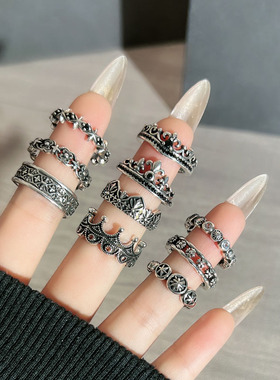 复古潮流做旧鸢尾花十字架朋克开口戒指女暗黑风皇冠小众叠戴指环