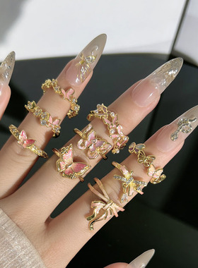 粉蝶轻语网红法式甜妹蝴蝶结开口戒指女冷淡风小众设计感叠戴指环