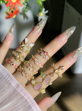 爆款新中式葫芦粉色花朵珐琅甜酷戒指女冷淡风蝴蝶百搭时尚指环潮