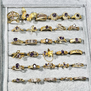 跨境超仙甜酷紫钻戒指女九紫离火轻奢精致小众复古蛇形几何指环潮