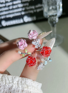 裸粉蔷薇法式温柔风优雅花朵时尚戒指女小众玫瑰叠戴精致甜酷指环