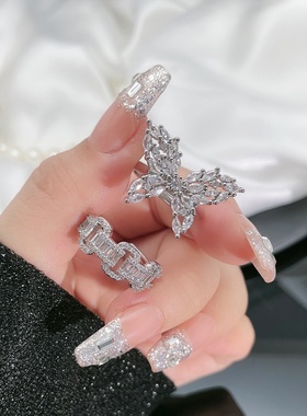 精致满钻网红蝴蝶开口戒指女几何甜酷轻奢高级感叠戴指环超仙百搭