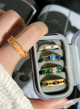 宫廷风唯美气质十里桃花珐琅滴釉气质开口戒指小众古风甜酷食指戒