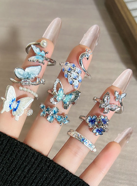 冰蓝蝶梦时尚立体花朵蝴蝶甜酷开口戒指女个性轻奢小众百搭指环潮