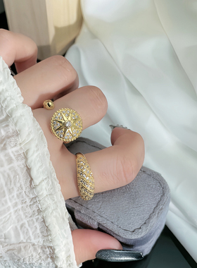 新款复古网红罗盘星芒满钻开口戒指女轻奢高级感叠戴精致百搭指环