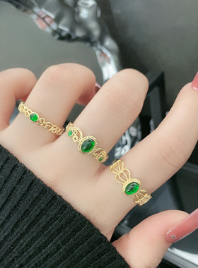 新中式复古镂空蕾丝仿祖母绿文艺气质开口戒指女甜酷轻奢小众指环
