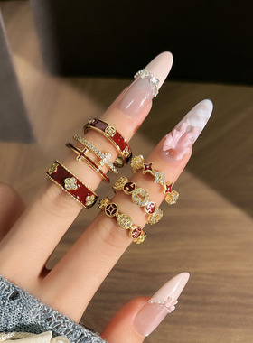 老钱风轻奢洋气红色复古金钱四叶草戒指女小众设计感气质食指戒潮