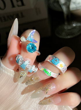 可爱甜妹风多巴胺涂鸦彩绘星星闺蜜指环女拼色鱼尾个性设计感戒指