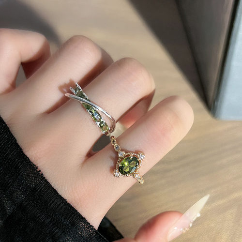 法式高级设计感橄榄绿锆石排钻开口戒指女复古精致时尚百搭食指戒