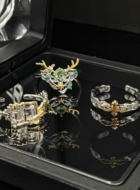 新款时空中的绘旅人戒指女独特鹿角时尚开口指环不规则小众食指戒