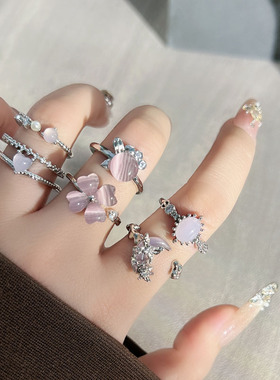 粉晶甜戒轻奢气质四叶草月亮时尚开口戒指女冷淡风叠戴甜美指环潮