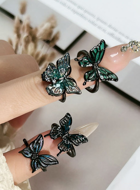 多彩蝶梦朋克暗黑肌理液态渐变蝴蝶开口戒指无性别风简约小众指环