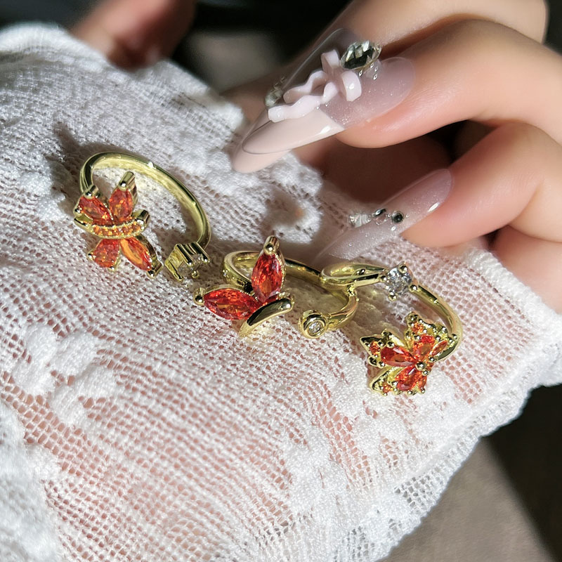 焕彩橙韵法式轻奢复古橙色锆石蝴蝶叠戴戒指女时尚气质小众指环潮