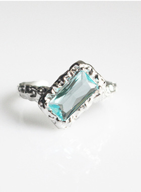 小众设计锡纸纹理方钻蓝锆石开口戒指女轻奢ins风高级感百搭指环