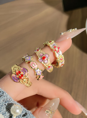 新中式复古粉紫珐琅彩花朵时尚开口戒指女甜酷气质精致轻奢食指戒