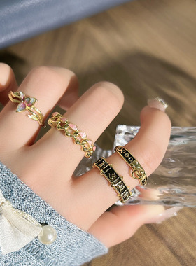 桃枝春野甜酷链条爱心珐琅气质戒指女冷淡风小众轻奢复古黑纹指环