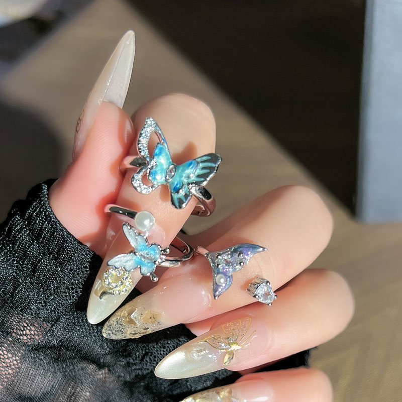 简约设计感海洋风渐变鱼尾珍珠轻奢戒指女气质个性蝴蝶时尚食指戒