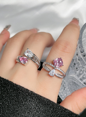 欧美ins风甜美可爱夸张粉钻锆石戒指女开口可调节简约满钻食指戒