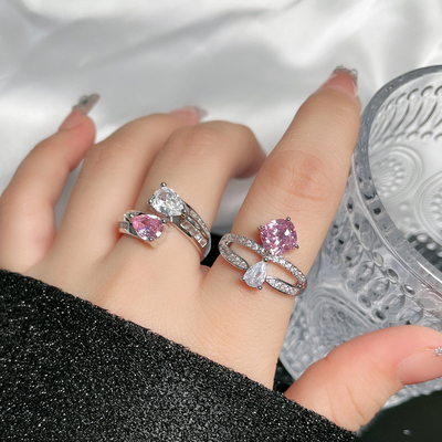 欧美ins风甜美可爱夸张粉钻锆石戒指女开口可调节简约满钻食指戒