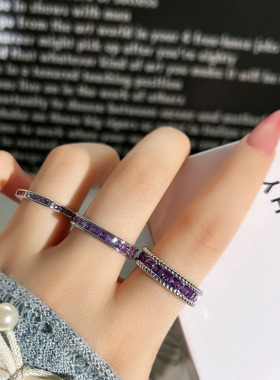 奢华新品欧美跨境排钻紫色方锆叠戴戒指女气质小众轻奢高级感指环