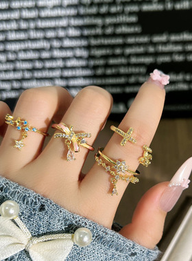 流光星芒简约气质轻奢星星蝴蝶结流苏开口戒指女甜美叠戴时尚指环