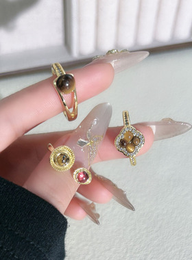 时尚个性美拉德复古虎眼石四叶草开口戒指女几何气质精致百搭指环