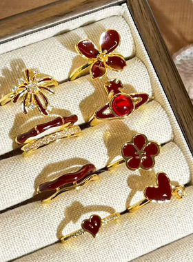 绚烂烟火港风红色滴釉花朵轻奢潮流开口戒女气质小众显白百搭指环