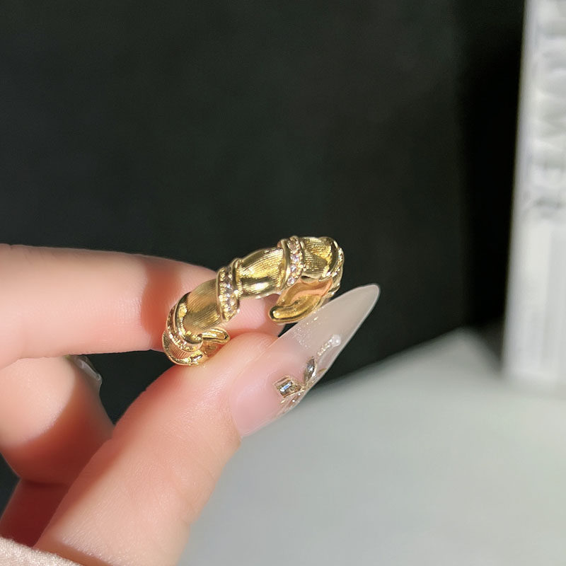 竹影金环设计感宫廷风竹节纽带麻花拉丝戒指女编织复古轻奢食指戒