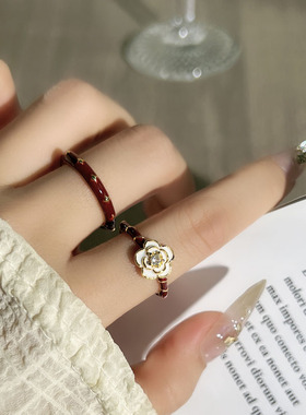 新款复古酒红色滴釉山茶花开口戒指女简约轻奢高级感时尚百搭指环