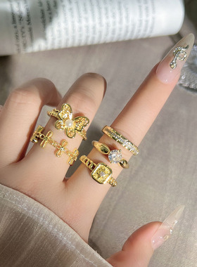 老钱风轻奢氛围感鎏金复古镂空蝴蝶开口戒指女时尚小众设计感指环