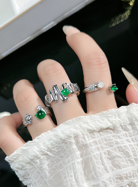 新款不规则纽带仿祖母绿开口戒指女个性冷淡风轻奢高级感食指戒潮