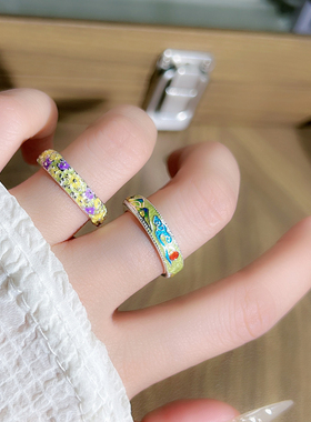 繁花似锦彩色珐琅浮雕桃花甜美戒指女冷淡风复古国风气质百搭指环